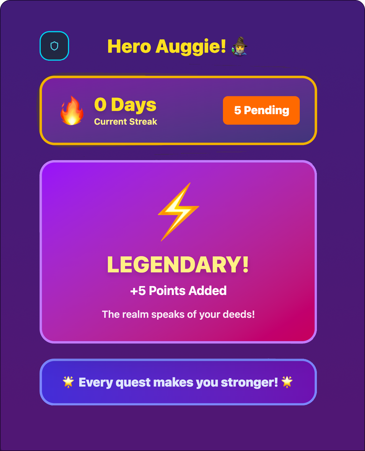 XP Questra app screen: Create Your Hero — enter your hero&rsquo;s name to begin the epic journey.